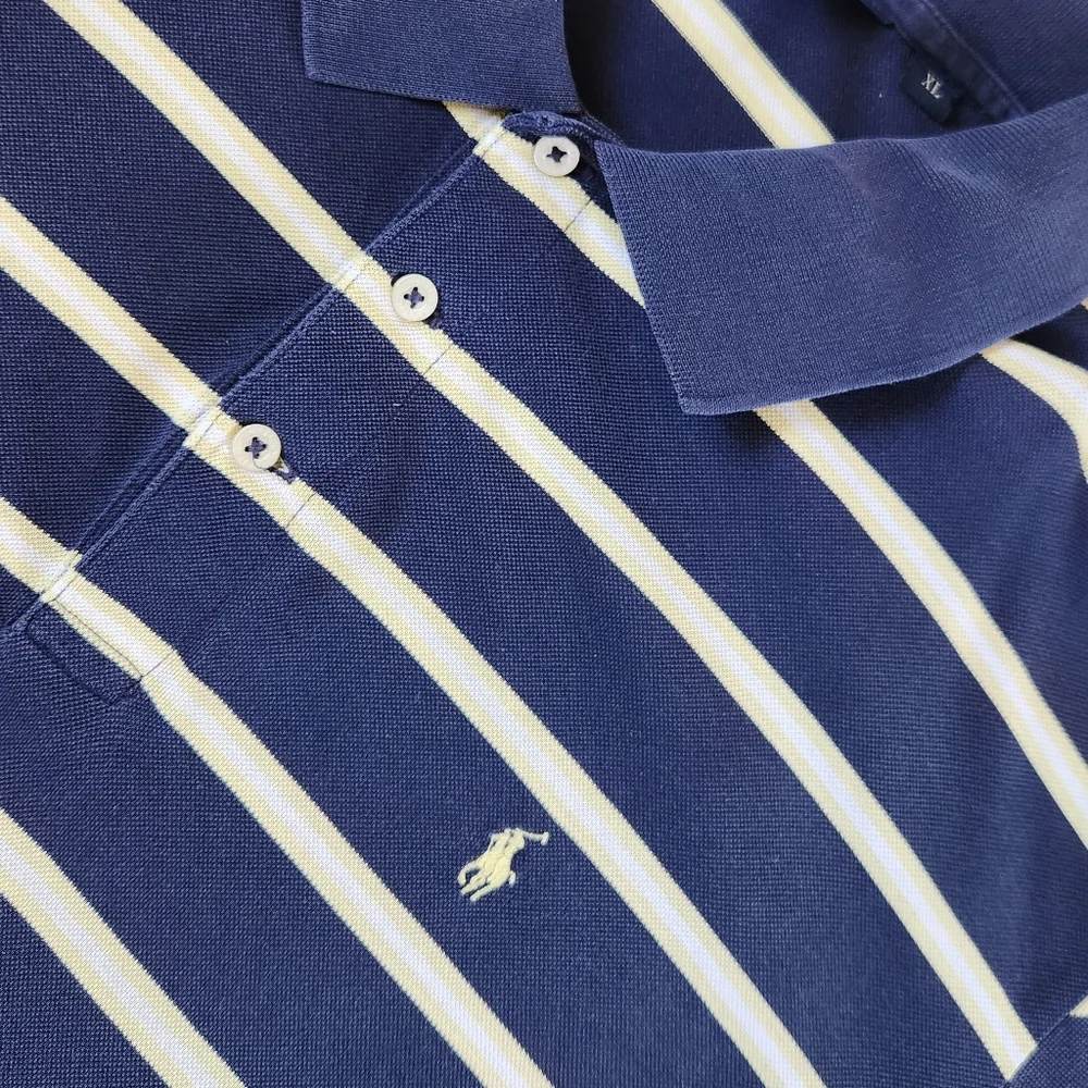 Vtg Polo Golf Ralph Lauren Mens XL Striped Navy Yellow‎ White Pima Cotton